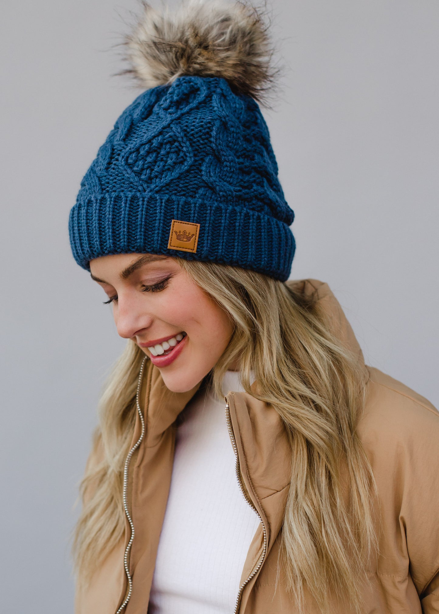 Blue Steel Cable Knit Pom Hat